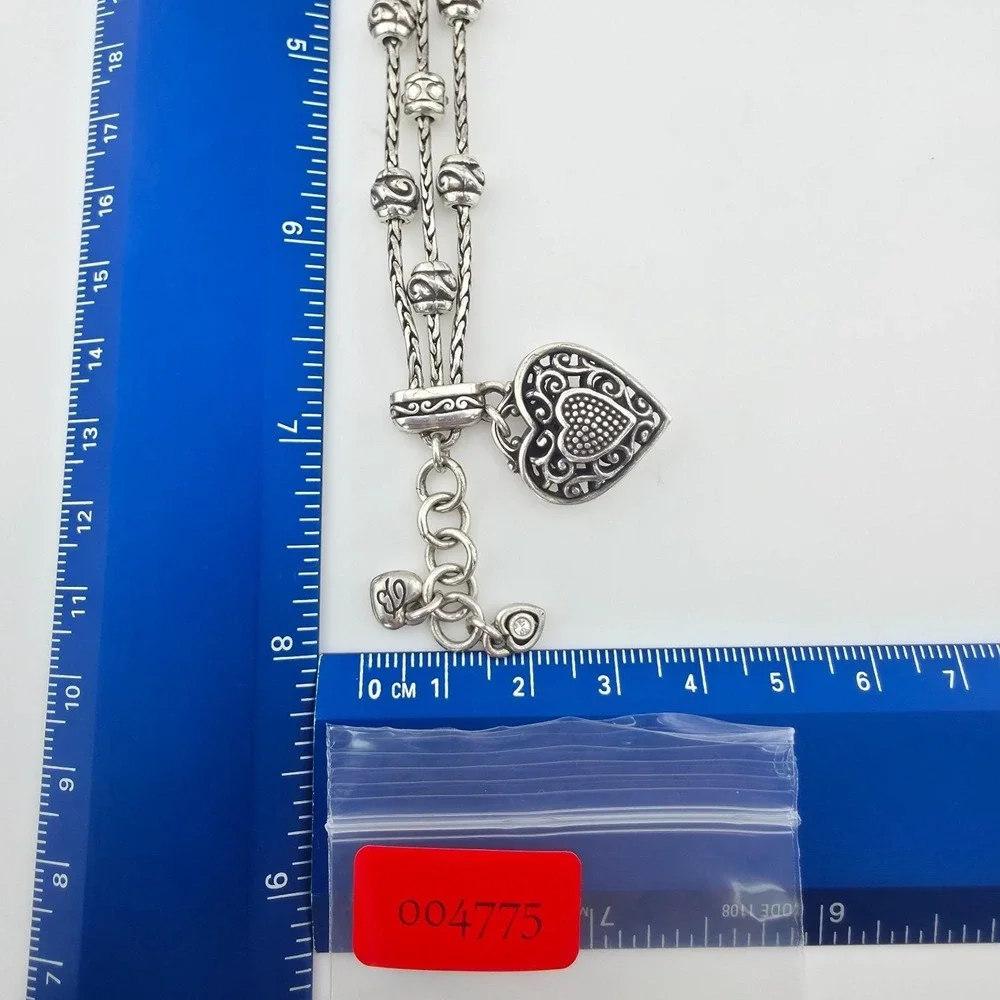 BRIGHTON 'Reno Heart' Charm Bracelet Pavé Crystals Scrollwork Silver Plate 7.5